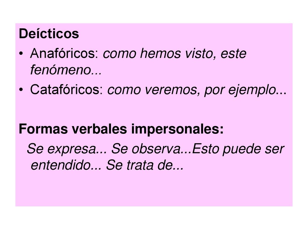 Deícticos Anafóricos: como hemos visto, este fenómeno... Catafóricos: como veremos, por ejemplo...