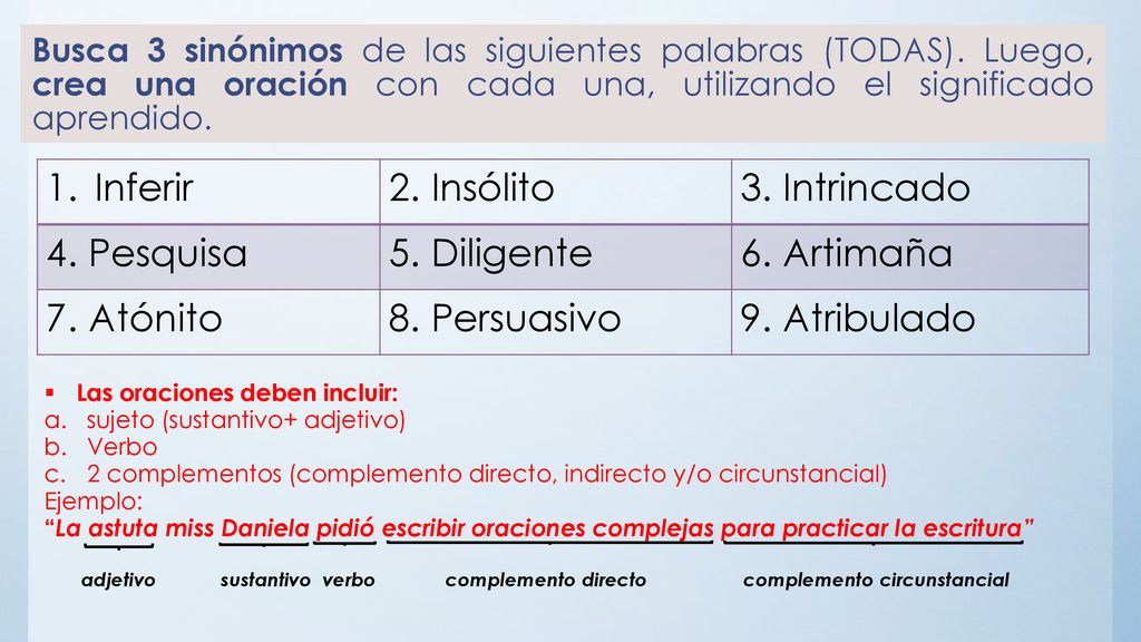 Inferir 2. Insólito 3. Intrincado 4. Pesquisa 5. Diligente 6. Artimaña