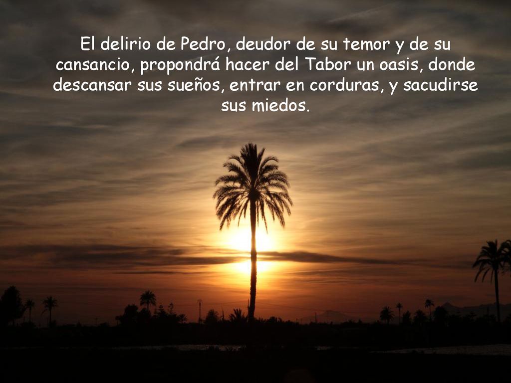 El delirio de Pedro, deudor de su temor y de su cansancio, propondrá hacer del Tabor un oasis, donde descansar sus sueños, entrar en corduras, y sacudirse sus miedos.