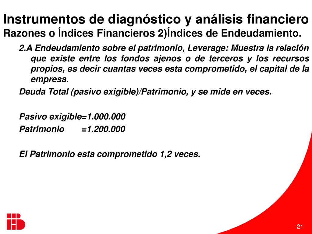 Instrumentos de diagnóstico y análisis financiero Razones o Índices Financieros 2)Índices de Endeudamiento.