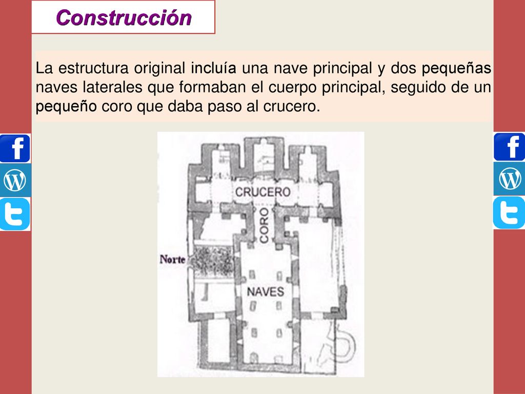 La estructura original incluía una nave principal y dos pequeñas naves laterales que formaban el cuerpo principal, seguido de un pequeño coro que daba paso al crucero.