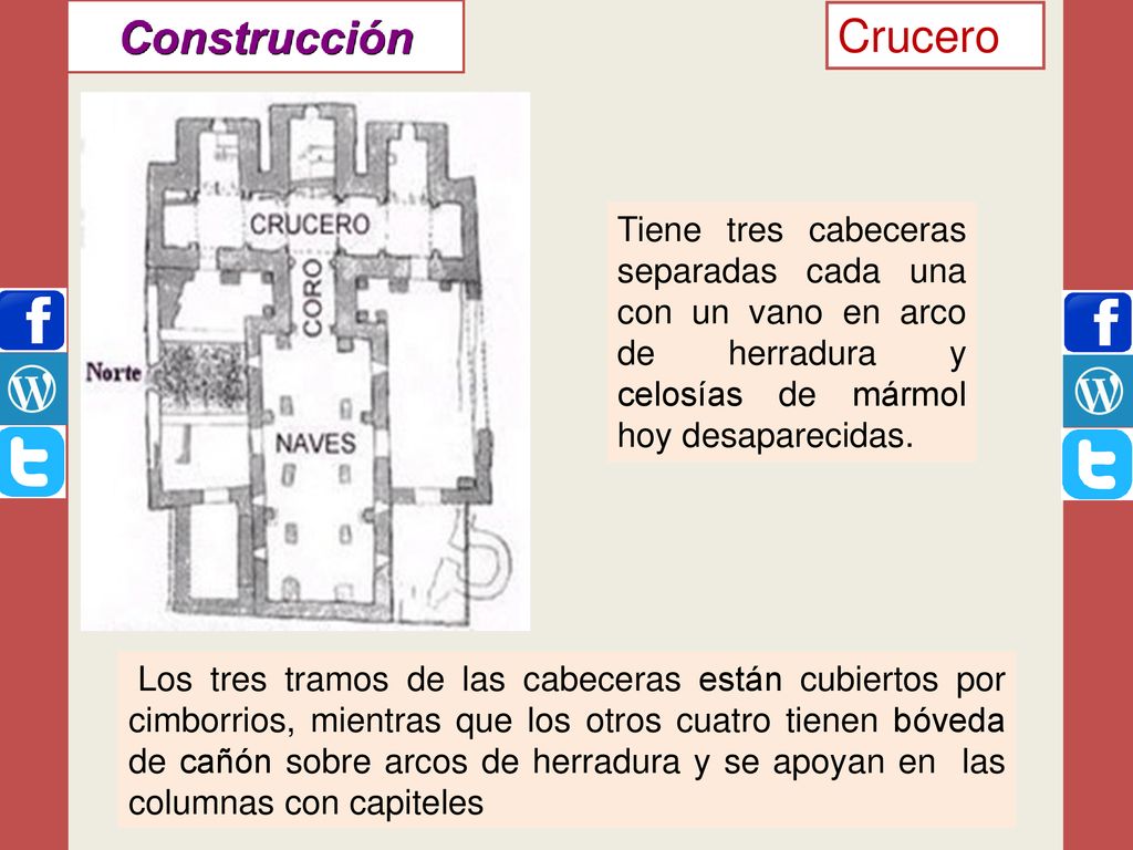 Crucero Tiene tres cabeceras separadas cada una con un vano en arco de herradura y celosías de mármol hoy desaparecidas.