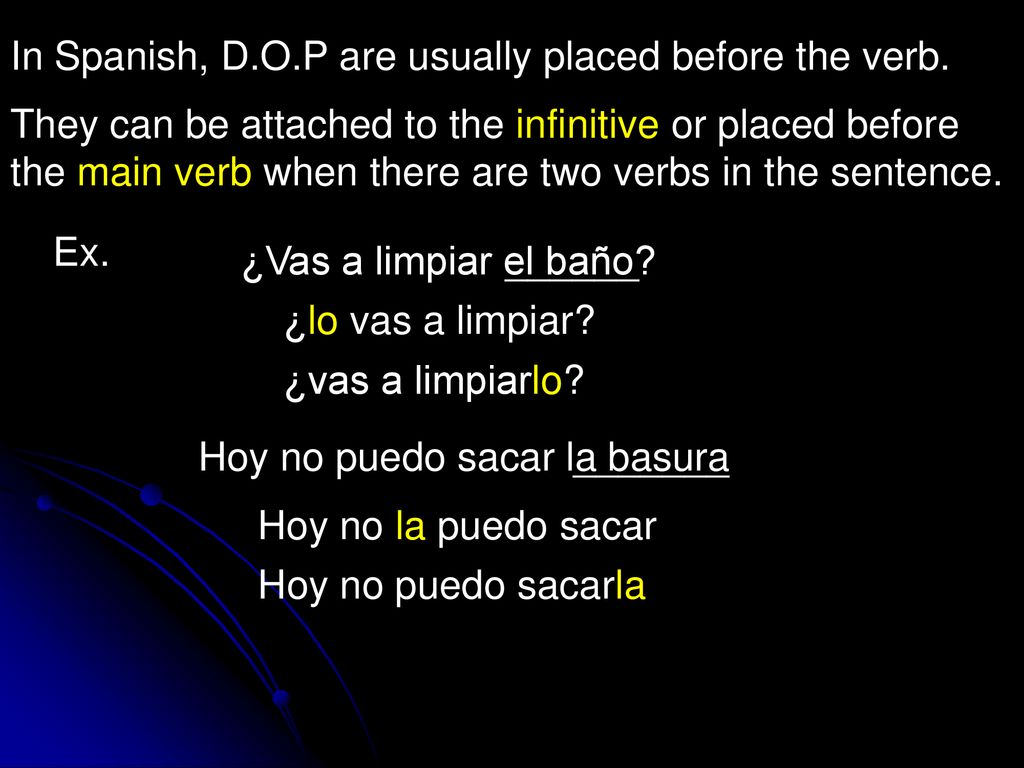 In Spanish, D.O.P are usually placed before the verb.