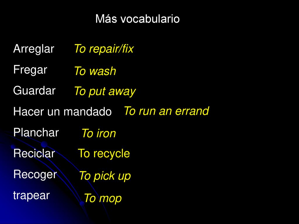 Más vocabulario Arreglar. Fregar. Guardar. Hacer un mandado. Planchar. Reciclar. Recoger. trapear.