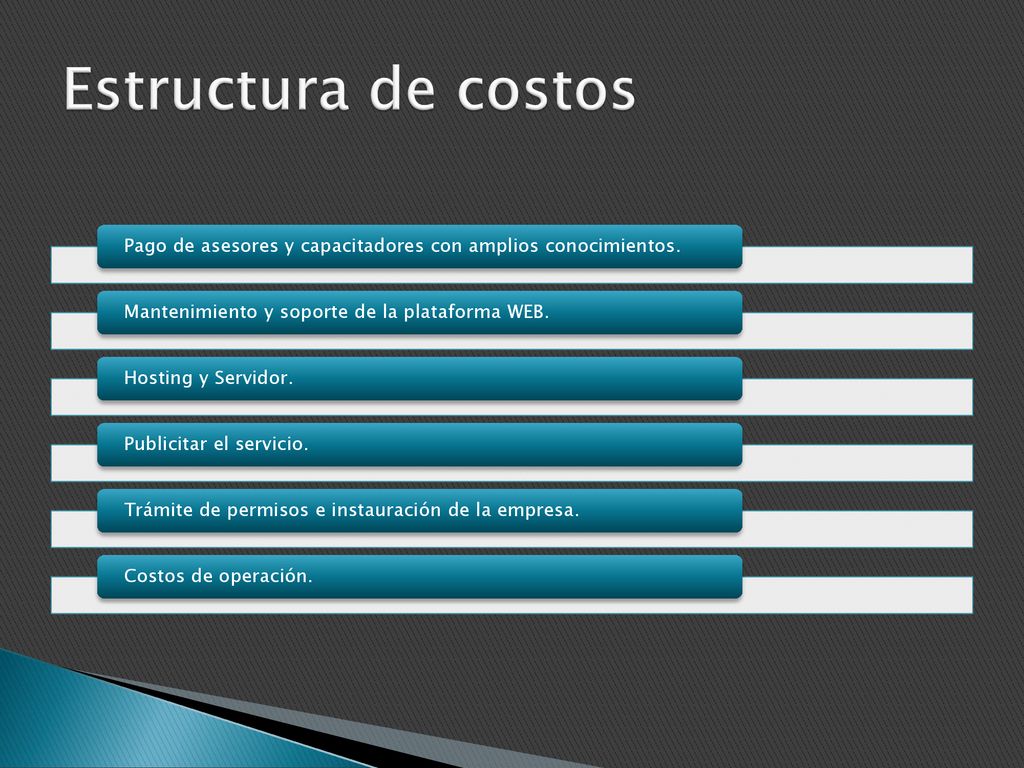 Estructura de costos Pago de asesores y capacitadores con amplios conocimientos. Mantenimiento y soporte de la plataforma WEB.