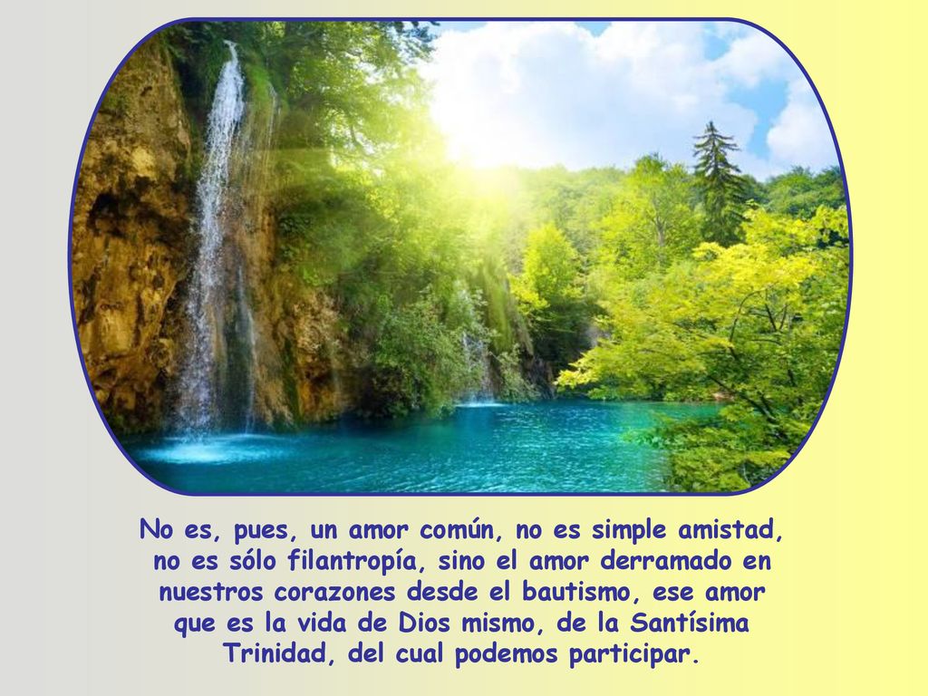 No es, pues, un amor común, no es simple amistad, no es sólo filantropía, sino el amor derramado en nuestros corazones desde el bautismo, ese amor que es la vida de Dios mismo, de la Santísima Trinidad, del cual podemos participar.