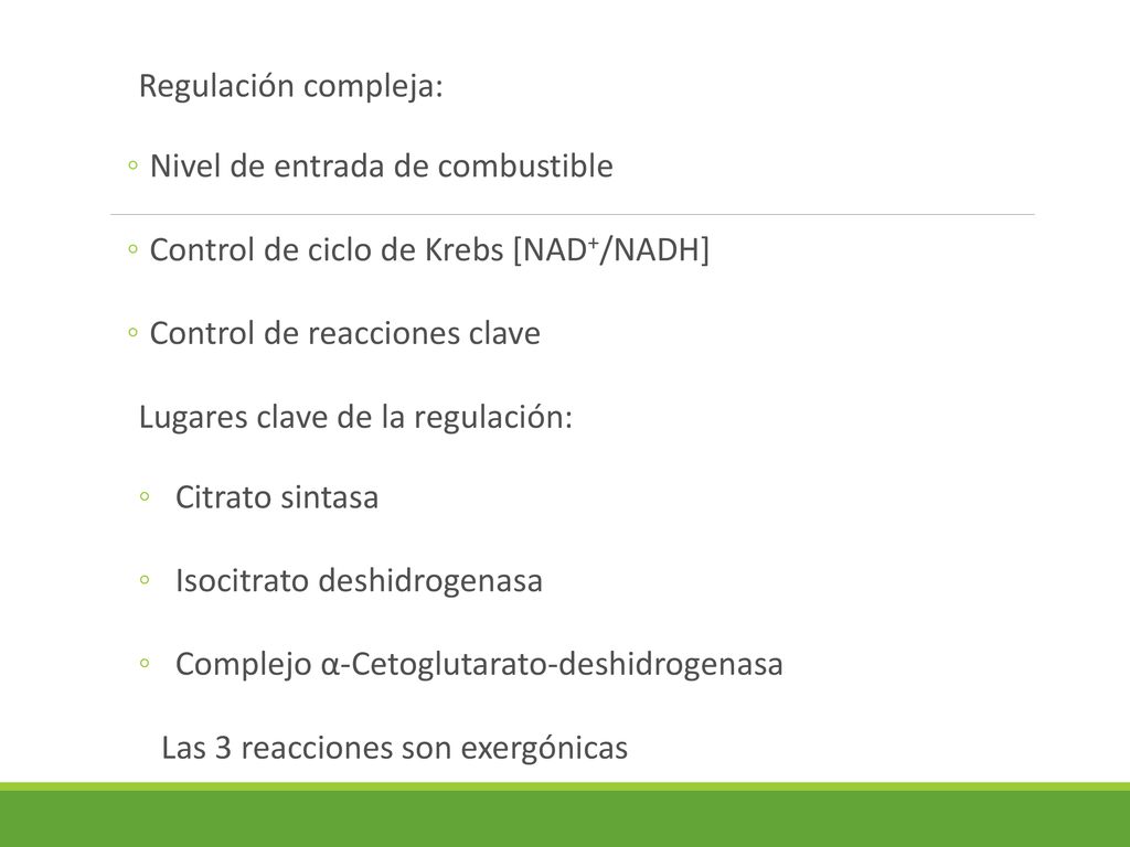 Regulación compleja: Nivel de entrada de combustible. Control de ciclo de Krebs [NAD+/NADH] Control de reacciones clave.