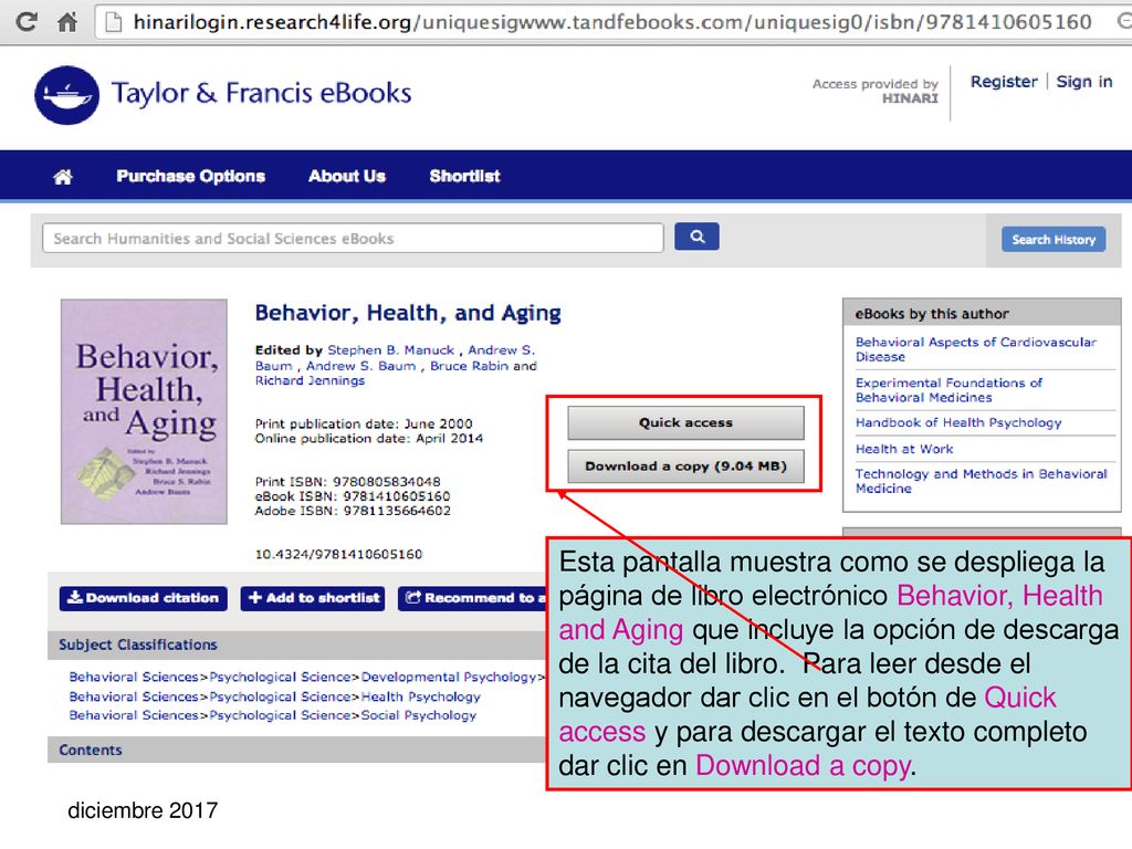 Esta pantalla muestra como se despliega la página de libro electrónico Behavior, Health and Aging que incluye la opción de descarga de la cita del libro. Para leer desde el navegador dar clic en el botón de Quick access y para descargar el texto completo dar clic en Download a copy.