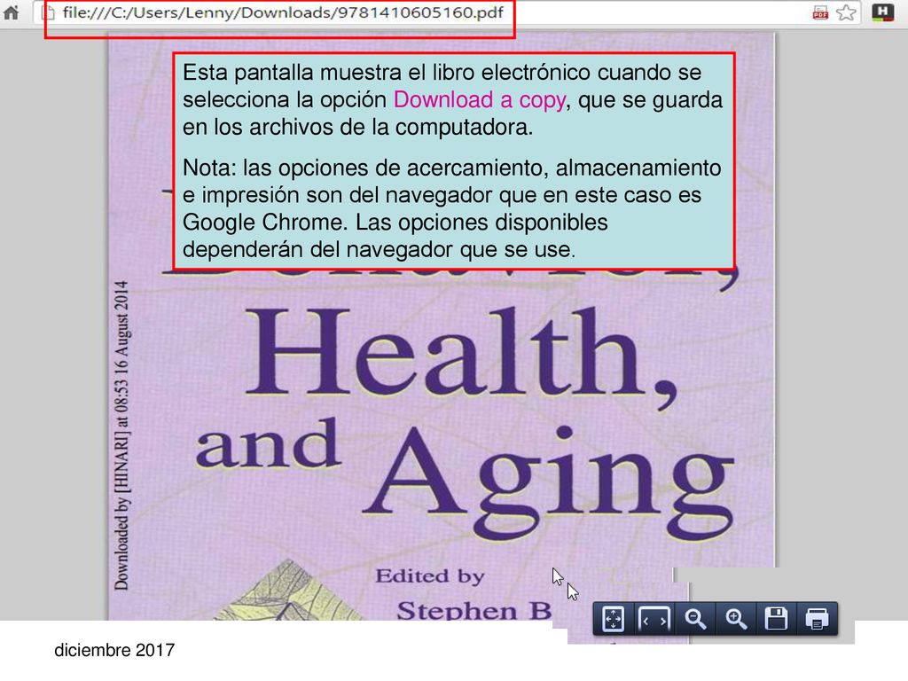 Esta pantalla muestra el libro electrónico cuando se selecciona la opción Download a copy, que se guarda en los archivos de la computadora.