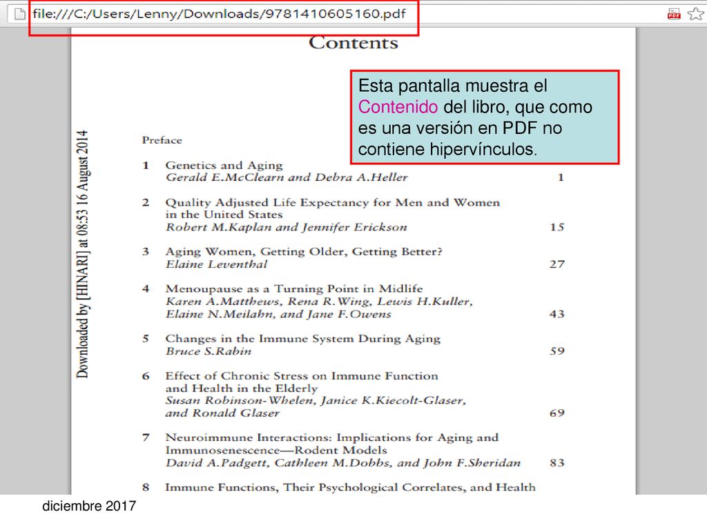 Esta pantalla muestra el Contenido del libro, que como es una versión en PDF no contiene hipervínculos.