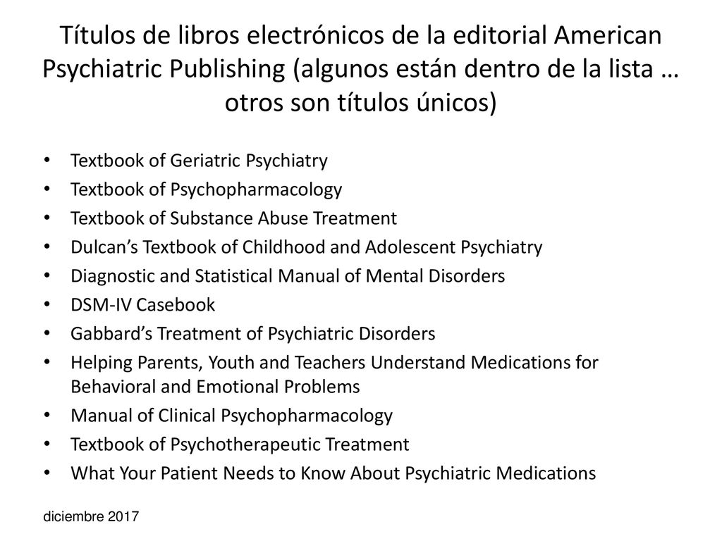 Títulos de libros electrónicos de la editorial American Psychiatric Publishing (algunos están dentro de la lista … otros son títulos únicos)
