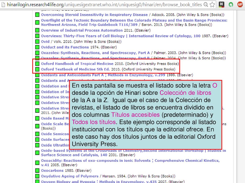 En esta pantalla se muestra el listado sobre la letra O desde la opción de Hinari sobre Colección de libros de la A a la Z.