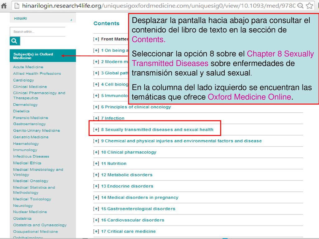 Desplazar la pantalla hacia abajo para consultar el contenido del libro de texto en la sección de Contents.