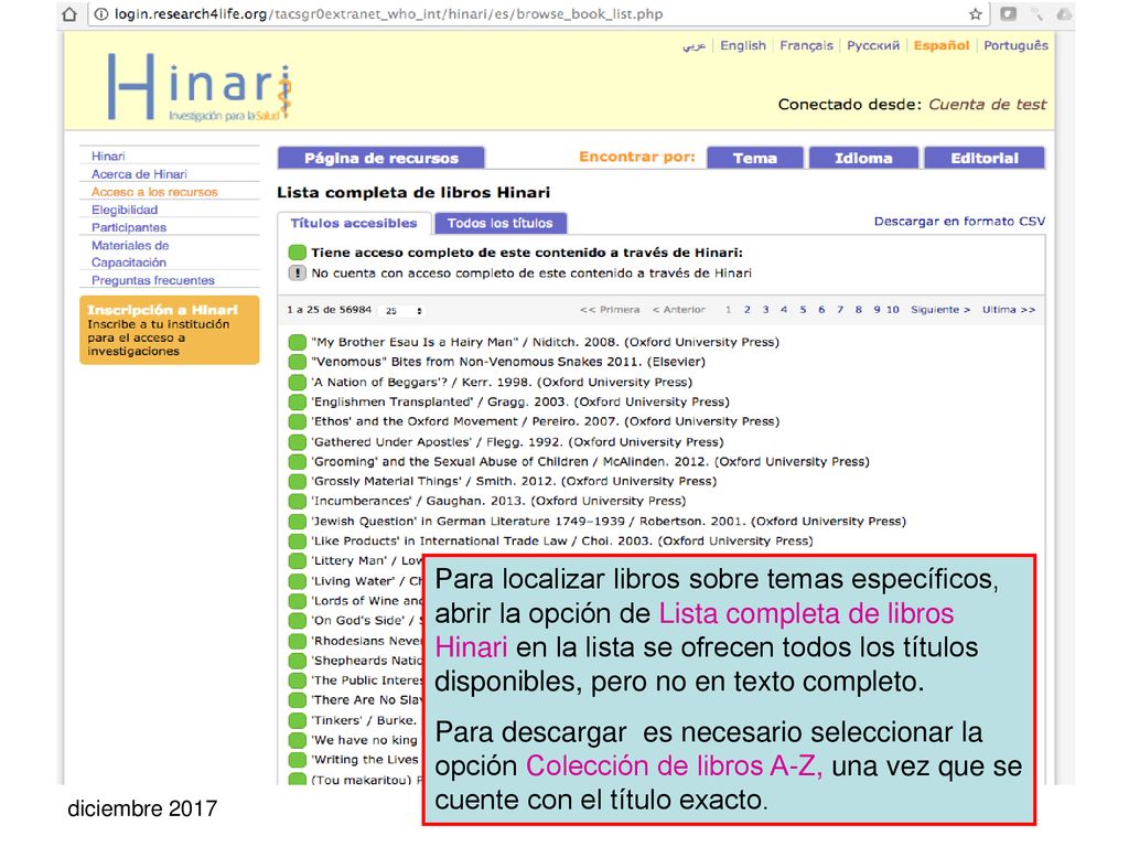 Para localizar libros sobre temas específicos, abrir la opción de Lista completa de libros Hinari en la lista se ofrecen todos los títulos disponibles, pero no en texto completo.