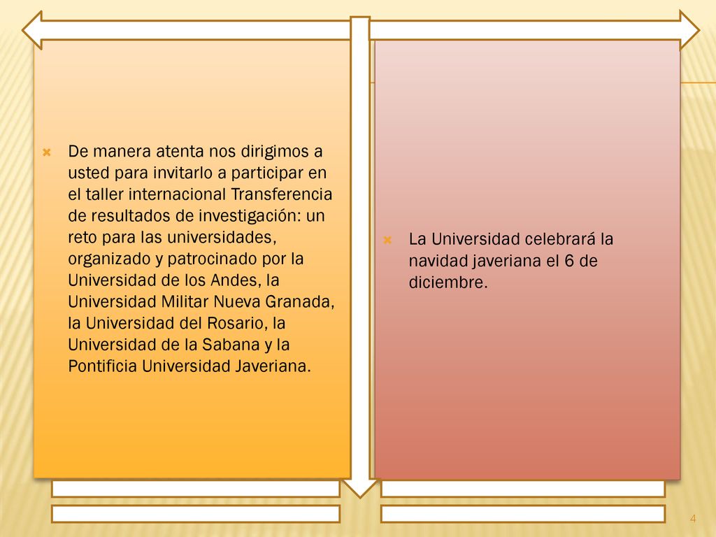 De manera atenta nos dirigimos a usted para invitarlo a participar en el taller internacional Transferencia de resultados de investigación: un reto para las universidades, organizado y patrocinado por la Universidad de los Andes, la Universidad Militar Nueva Granada, la Universidad del Rosario, la Universidad de la Sabana y la Pontificia Universidad Javeriana.