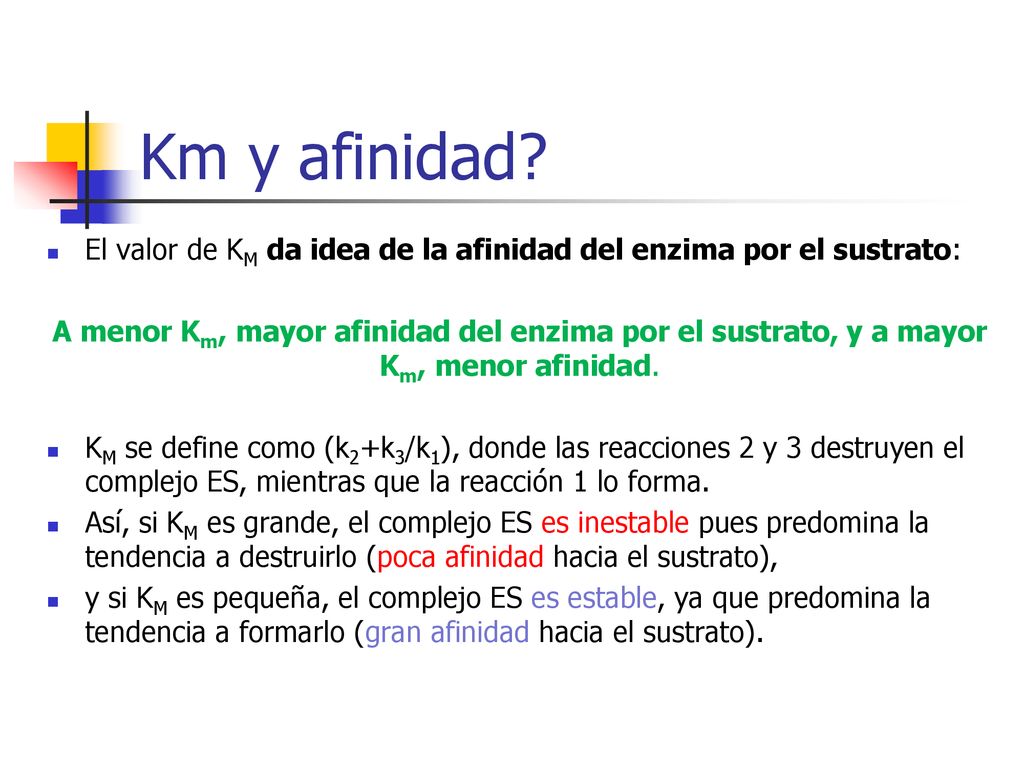 Km y afinidad El valor de KM da idea de la afinidad del enzima por el sustrato: