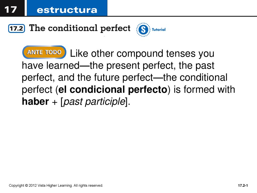 Like other compound tenses you have learned—the present perfect, the past perfect, and the future perfect—the conditional perfect (el condicional perfecto) is formed with haber + [past participle].