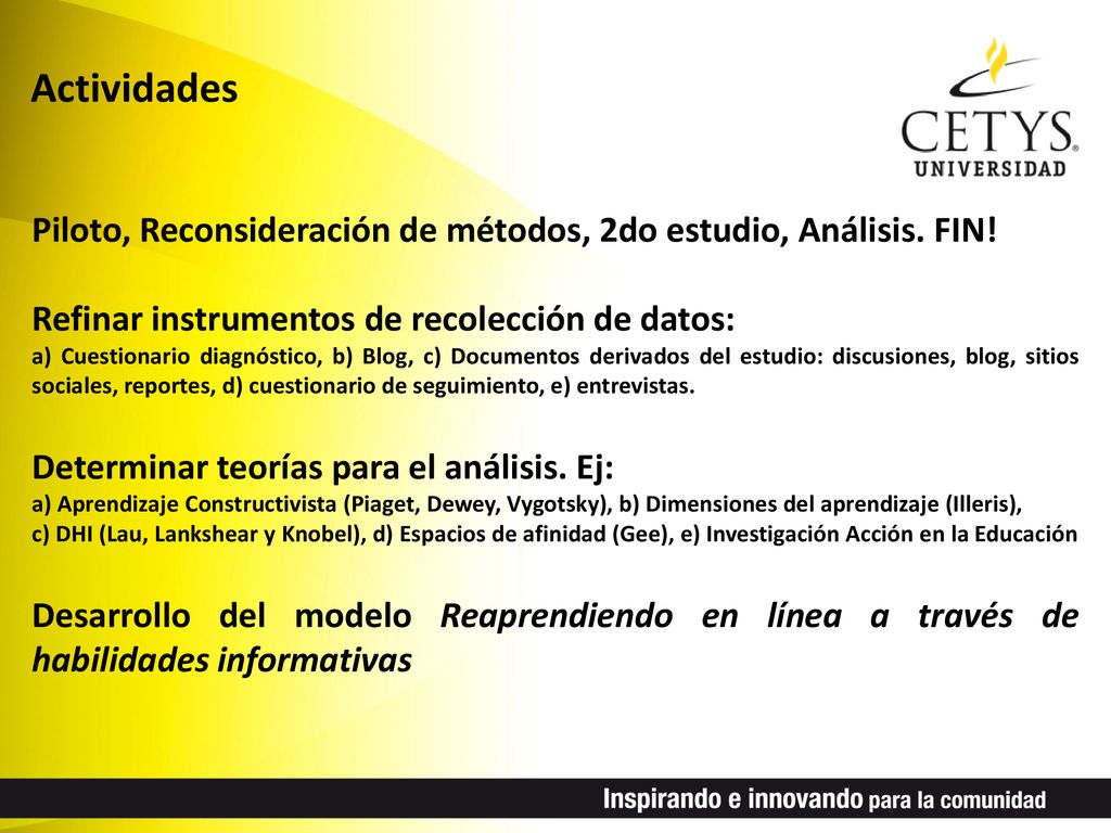 Actividades Piloto, Reconsideración de métodos, 2do estudio, Análisis. FIN! Refinar instrumentos de recolección de datos: