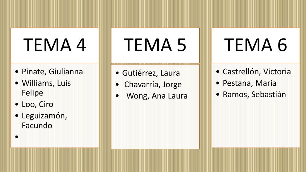 TEMA 4 TEMA 5 TEMA 6 Pinate, Giulianna Williams, Luis Felipe Loo, Ciro