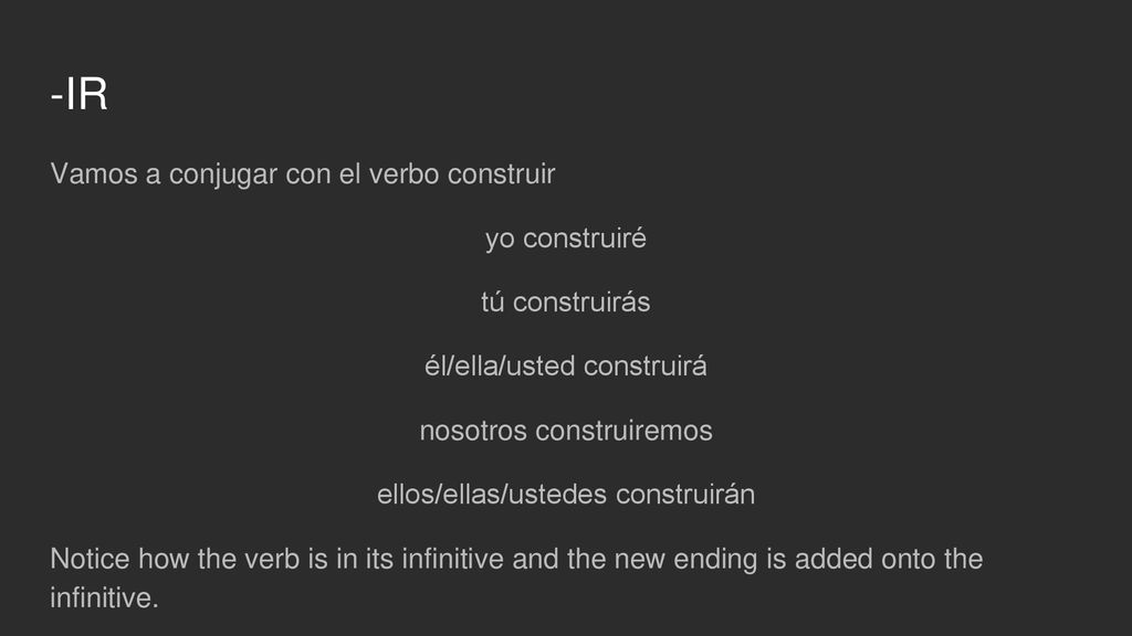 -IR Vamos a conjugar con el verbo construir yo construiré