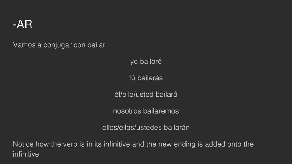 -AR Vamos a conjugar con bailar yo bailaré tú bailarás