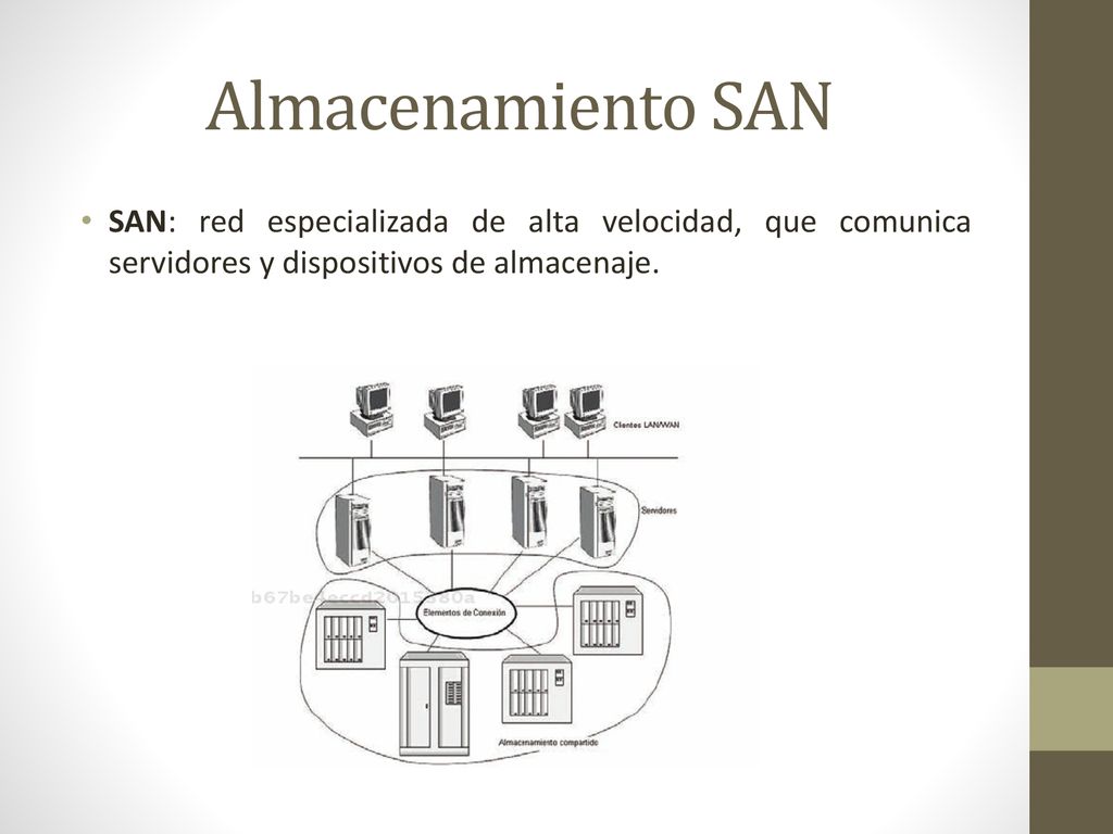 Almacenamiento SAN SAN: red especializada de alta velocidad, que comunica servidores y dispositivos de almacenaje.