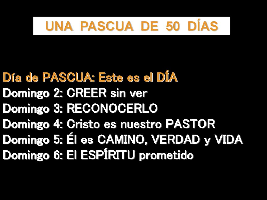UNA PASCUA DE 50 DÍAS Día de PASCUA: Este es el DÍA. Domingo 2: CREER sin ver. Domingo 3: RECONOCERLO.