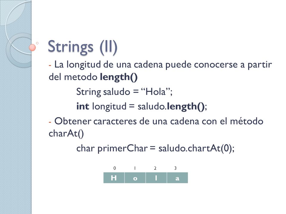 Strings (II) La longitud de una cadena puede conocerse a partir del metodo length() String saludo = Hola ;