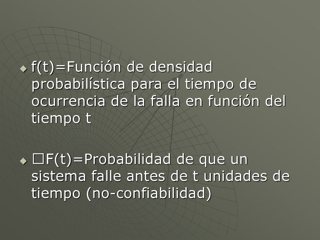 f(t)=Función de densidad probabilística para el tiempo de ocurrencia de la falla en función del tiempo t