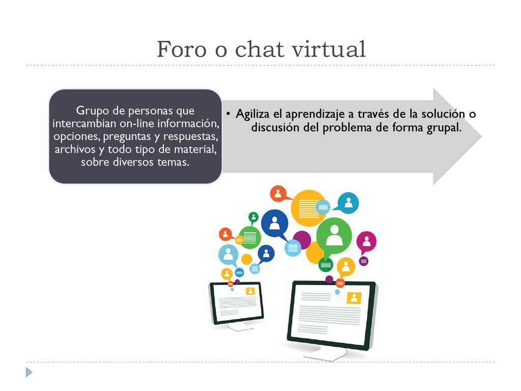 Foro o chat virtual Agiliza el aprendizaje a través de la solución o discusión del problema de forma grupal.