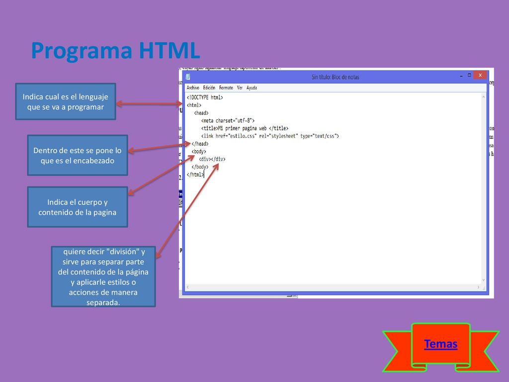 Programa HTML Temas Indica cual es el lenguaje que se va a programar