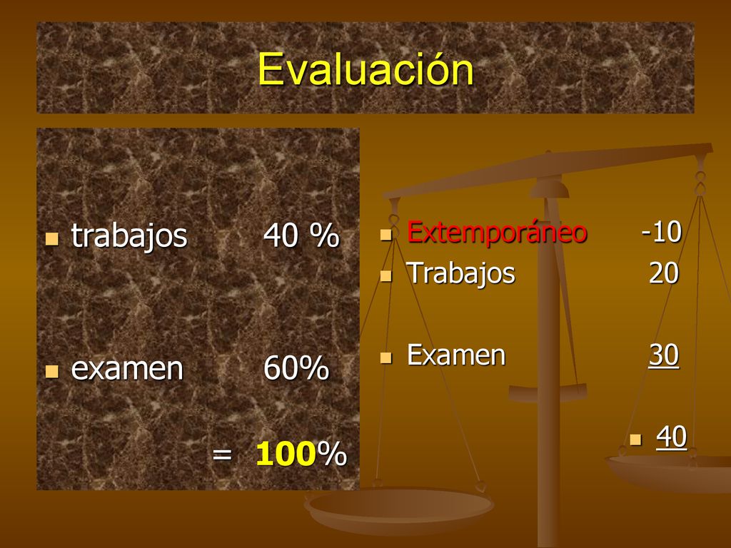 Evaluación trabajos 40 % examen 60% = 100% Extemporáneo -10