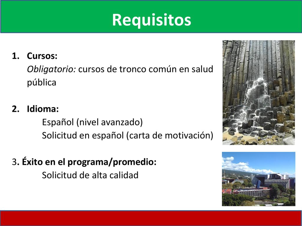 Requisitos Cursos: Obligatorio: cursos de tronco común en salud pública. Idioma: Español (nivel avanzado)