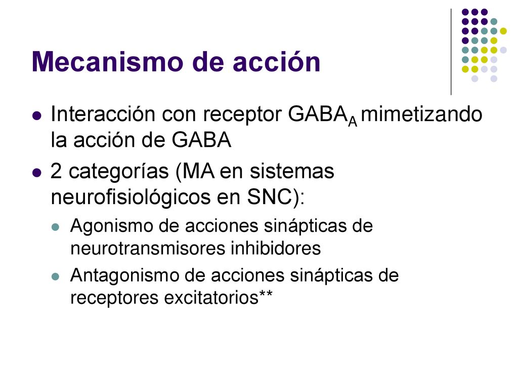 Mecanismo de acción Interacción con receptor GABAA mimetizando la acción de GABA. 2 categorías (MA en sistemas neurofisiológicos en SNC):