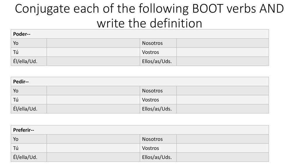 Conjugate each of the following BOOT verbs AND write the definition