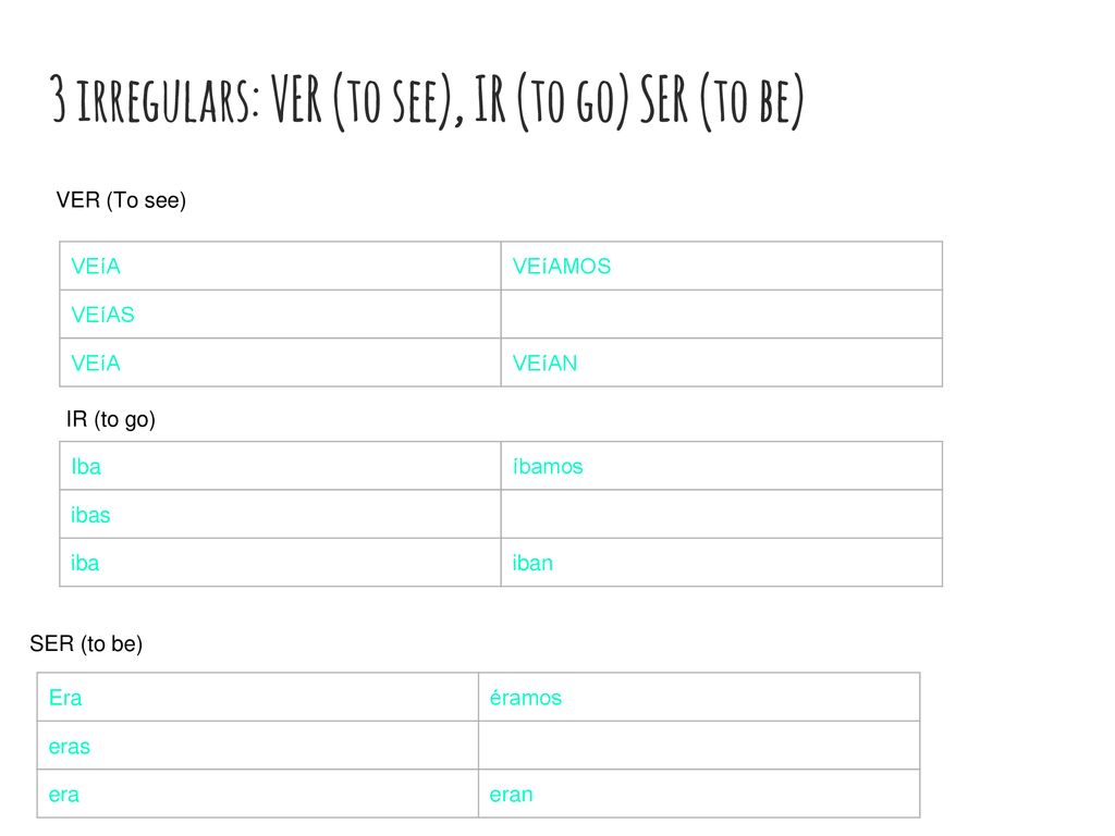 3 irregulars: VER (to see), IR (to go) SER (to be)