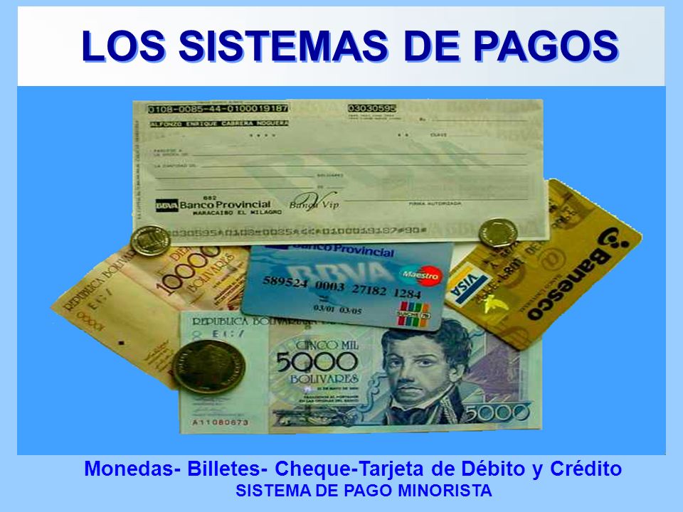 LOS SISTEMAS DE PAGOS Monedas- Billetes- Cheque-Tarjeta de Débito y Crédito.