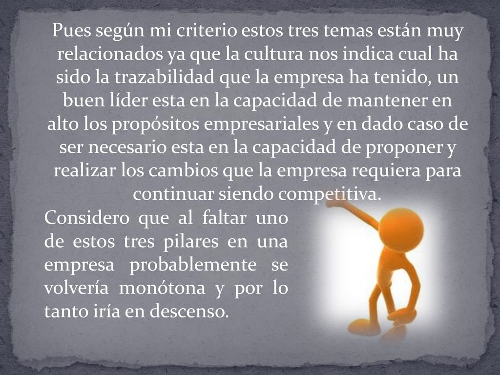 Pues según mi criterio estos tres temas están muy relacionados ya que la cultura nos indica cual ha sido la trazabilidad que la empresa ha tenido, un buen líder esta en la capacidad de mantener en alto los propósitos empresariales y en dado caso de ser necesario esta en la capacidad de proponer y realizar los cambios que la empresa requiera para continuar siendo competitiva.