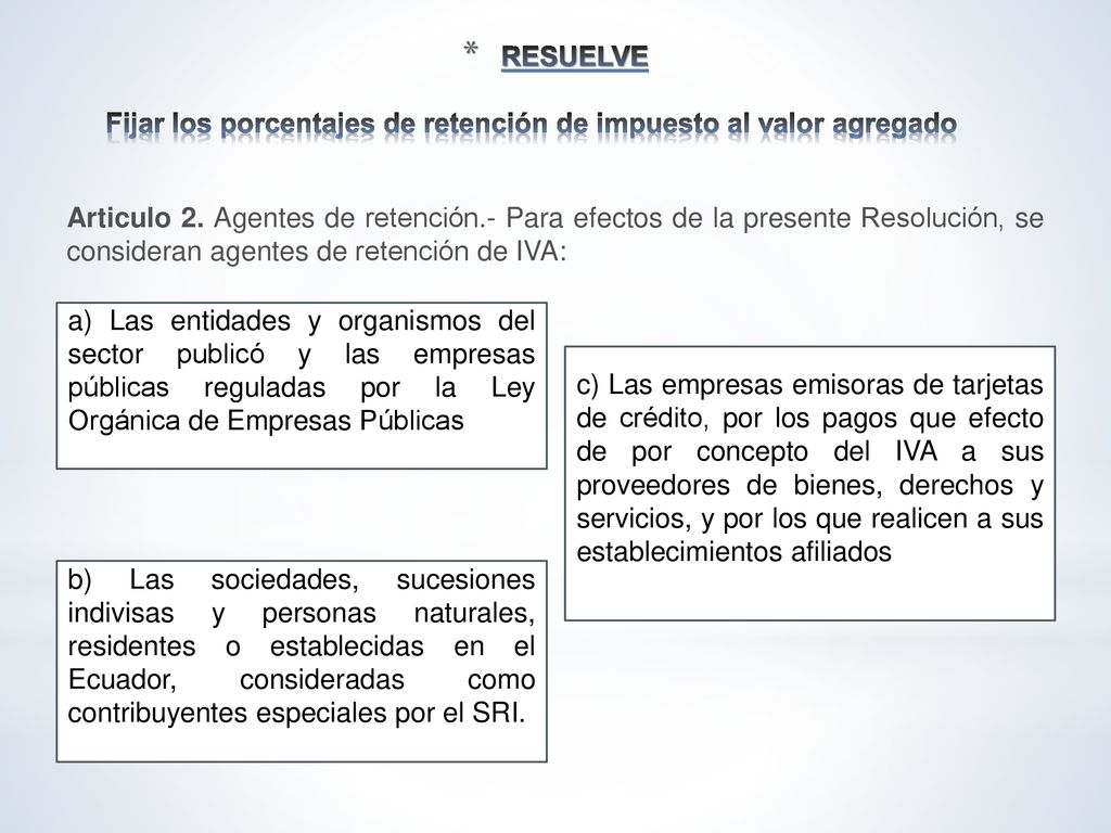 RESUELVE Fijar los porcentajes de retención de impuesto al valor agregado