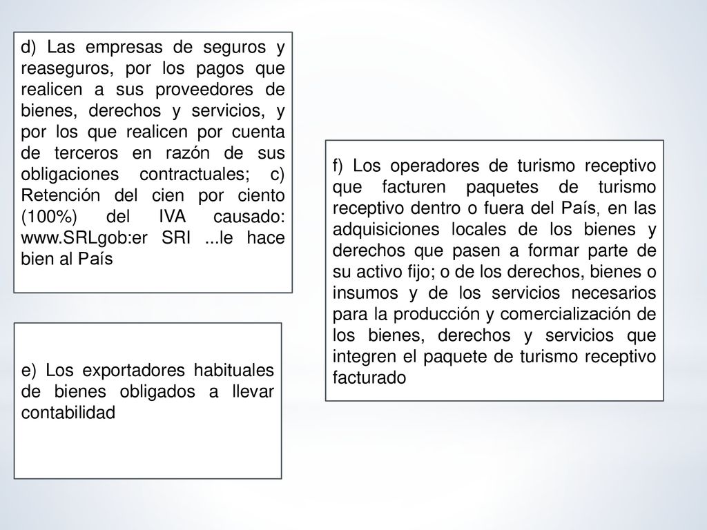 d) Las empresas de seguros y reaseguros, por los pagos que realicen a sus proveedores de bienes, derechos y servicios, y por los que realicen por cuenta de terceros en razón de sus obligaciones contractuales; c) Retención del cien por ciento (100%) del IVA causado:   SRI ...le hace bien al País