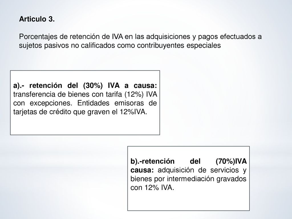 Articulo 3. Porcentajes de retención de IVA en las adquisiciones y pagos efectuados a sujetos pasivos no calificados como contribuyentes especiales.