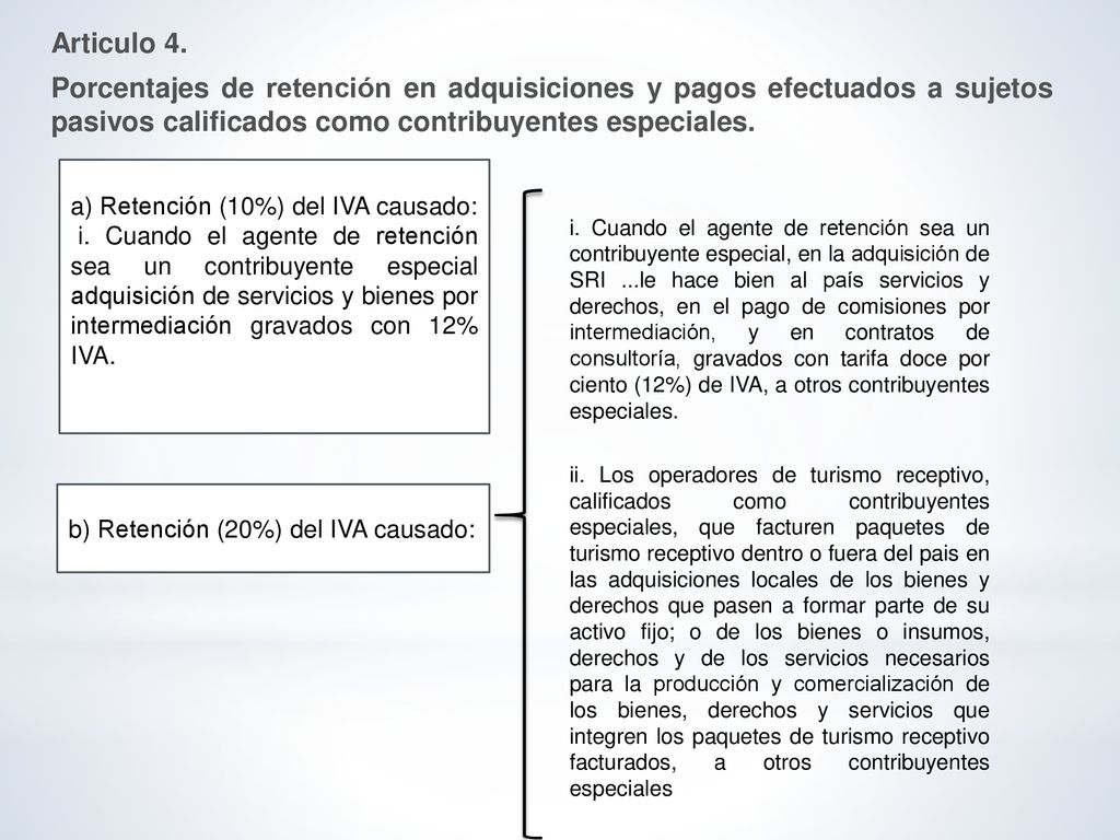 Articulo 4. Porcentajes de retención en adquisiciones y pagos efectuados a sujetos pasivos calificados como contribuyentes especiales.
