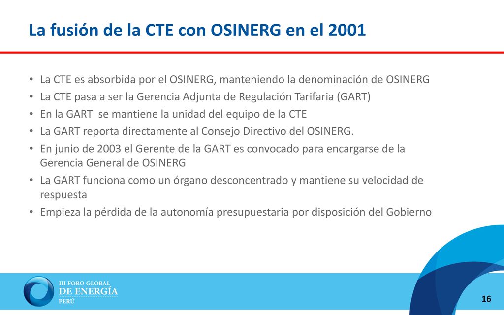 La fusión de la CTE con OSINERG en el 2001