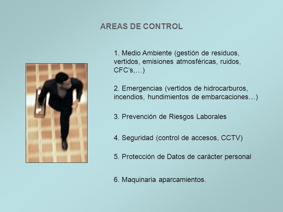 AREAS DE CONTROL 1. Medio Ambiente (gestión de residuos, vertidos, emisiones atmosféricas, ruidos, CFC’s,…)
