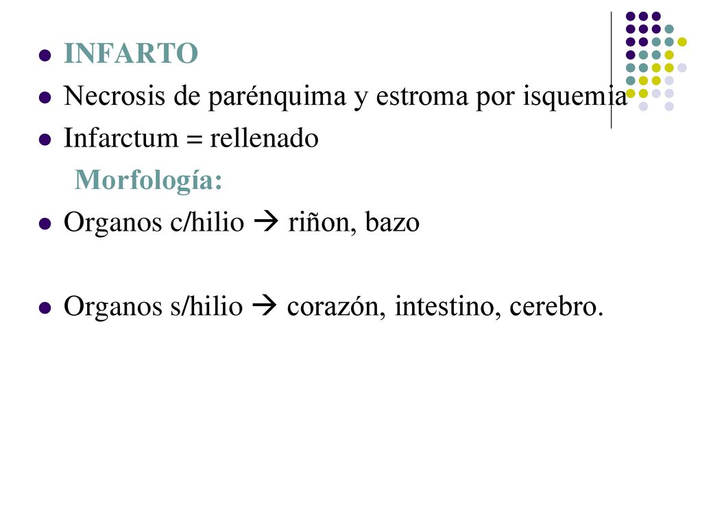 INFARTO Necrosis de parénquima y estroma por isquemia. Infarctum = rellenado. Morfología: Organos c/hilio  riñon, bazo.