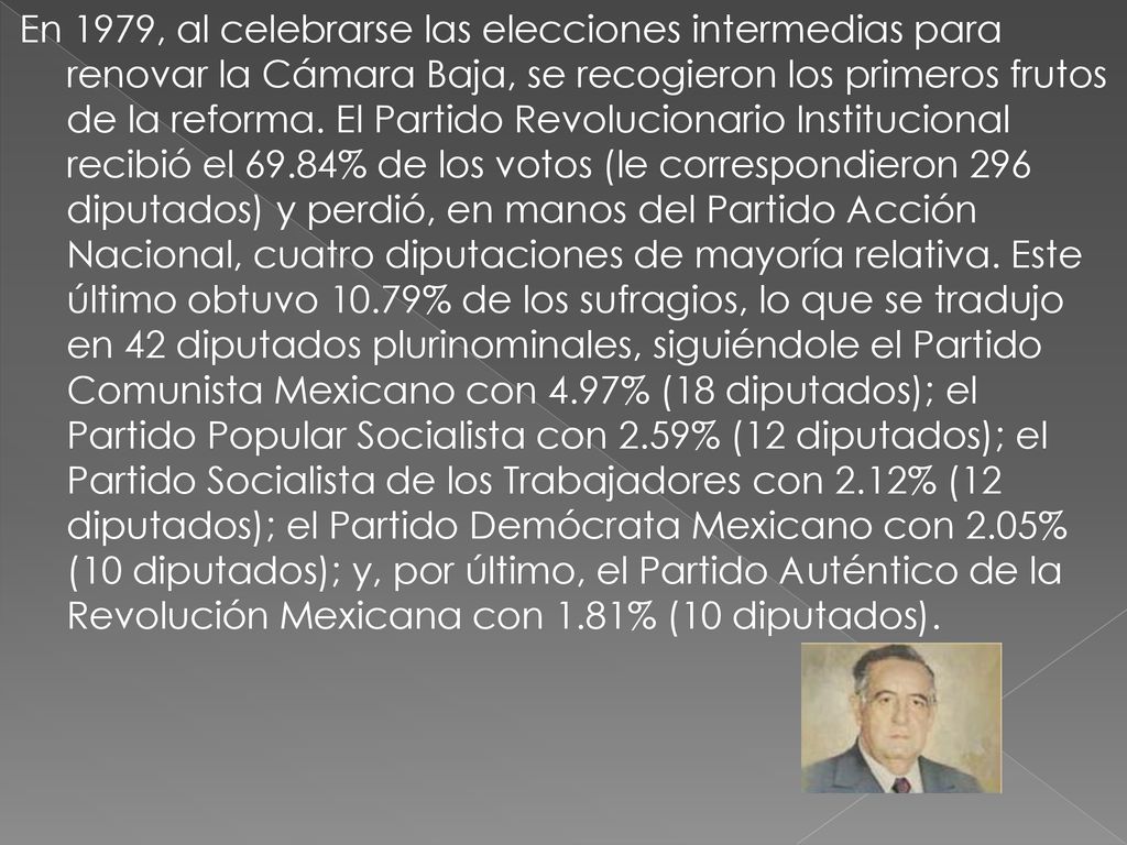 En 1979, al celebrarse las elecciones intermedias para renovar la Cámara Baja, se recogieron los primeros frutos de la reforma.