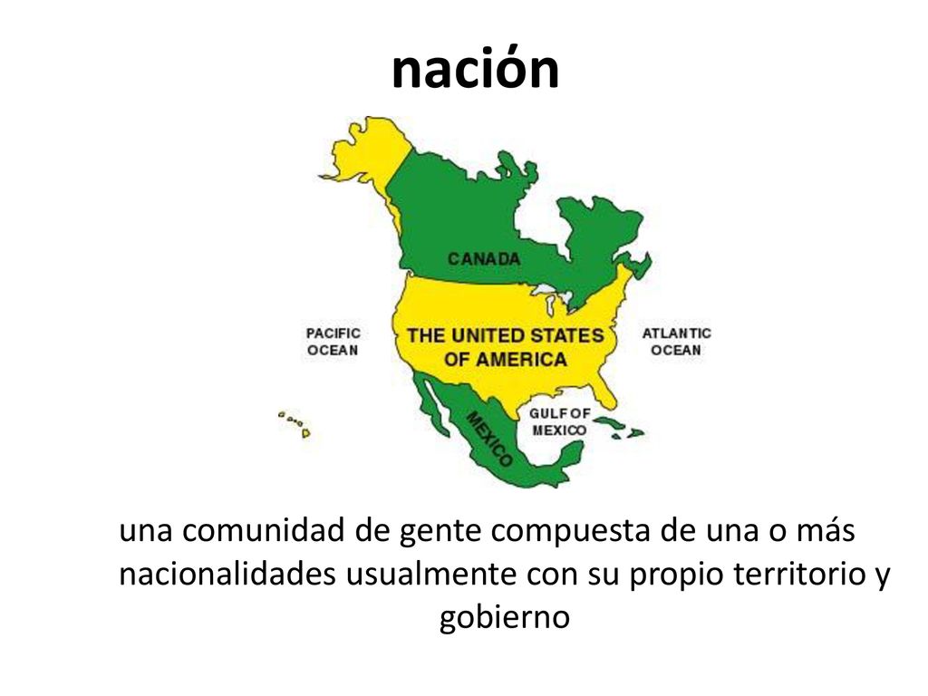 naciόn una comunidad de gente compuesta de una o más nacionalidades usualmente con su propio territorio y gobierno.