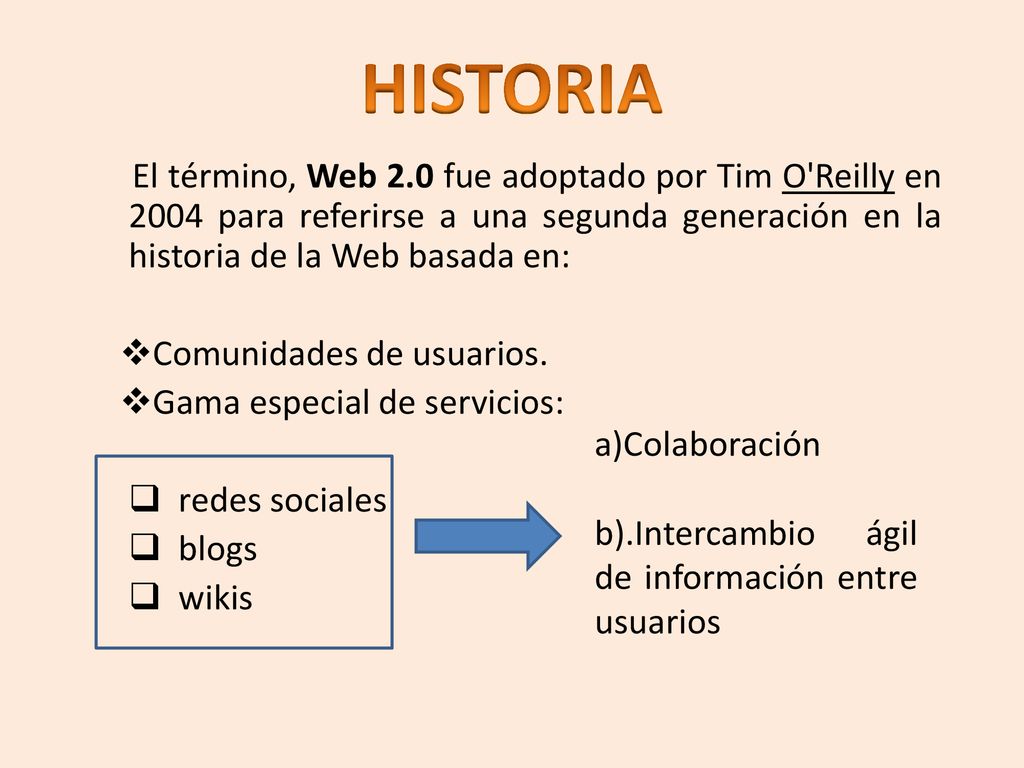 HISTORIA El término, Web 2.0 fue adoptado por Tim O Reilly en 2004 para referirse a una segunda generación en la historia de la Web basada en:
