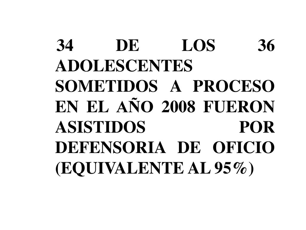 34 DE LOS 36 ADOLESCENTES SOMETIDOS A PROCESO EN EL AÑO 2008 FUERON ASISTIDOS POR DEFENSORIA DE OFICIO (EQUIVALENTE AL 95%)