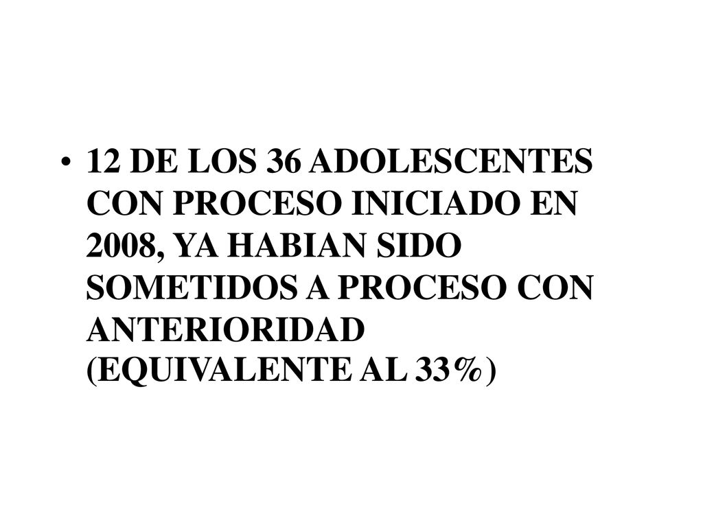 12 DE LOS 36 ADOLESCENTES CON PROCESO INICIADO EN 2008, YA HABIAN SIDO SOMETIDOS A PROCESO CON ANTERIORIDAD (EQUIVALENTE AL 33%)‏